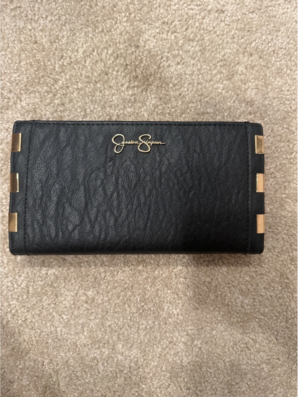 (2)Jessica Simpson Black Leather Wallet with Gold Accents